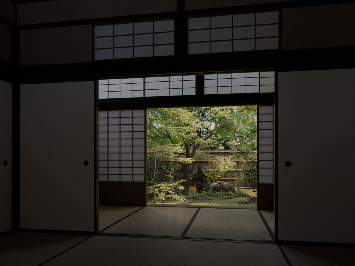 Garden viewed through a darkened tatami room